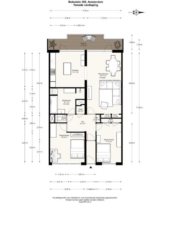 2-slaapkamerappartement met zonnig balkon - Afbeelding 15